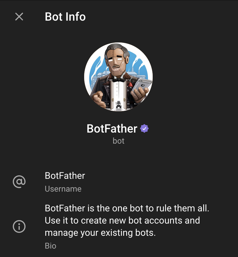 Screenshot of BotFather's Telegram account