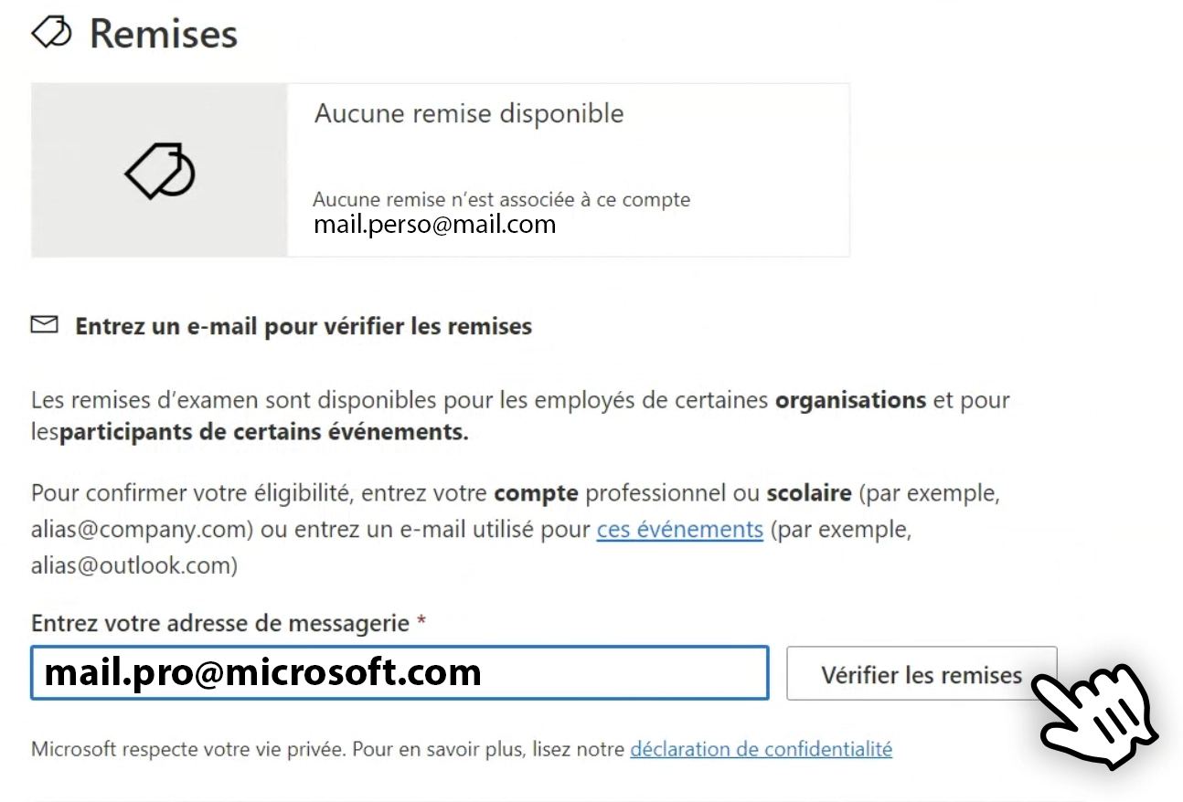 Une capture d'écran où l'utilisateur rentre son mail professionnel et clique sur Vérifier les remises